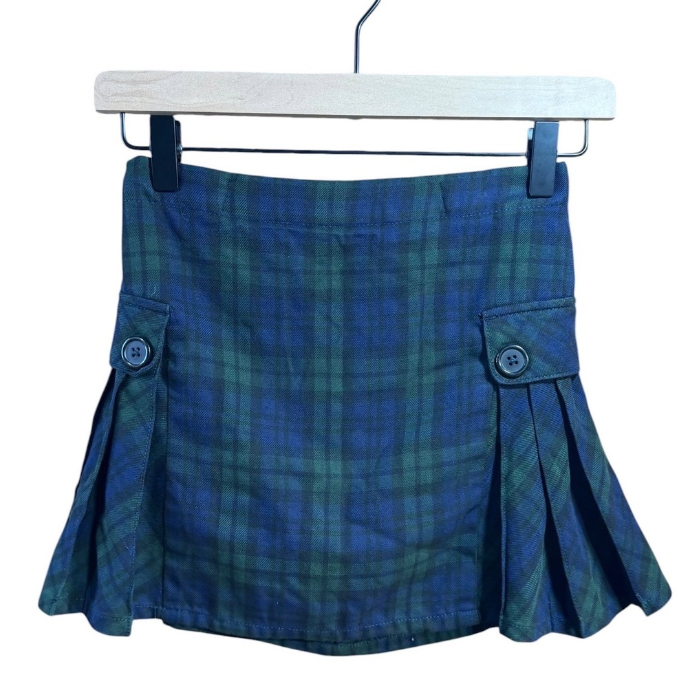 Lands End Girls Size 8  Plaid Pleated Skort Adjustable Waist Navy Blue